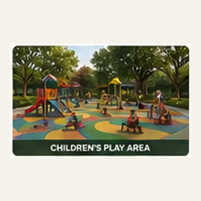 Children's outdoor play area with equipment, seating and landscape