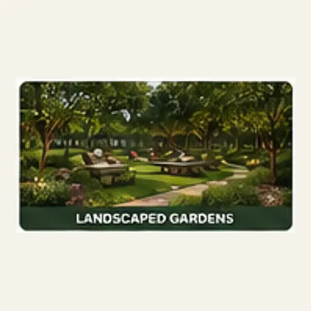 Landscaped residential gardens with shaded paths and shared seating