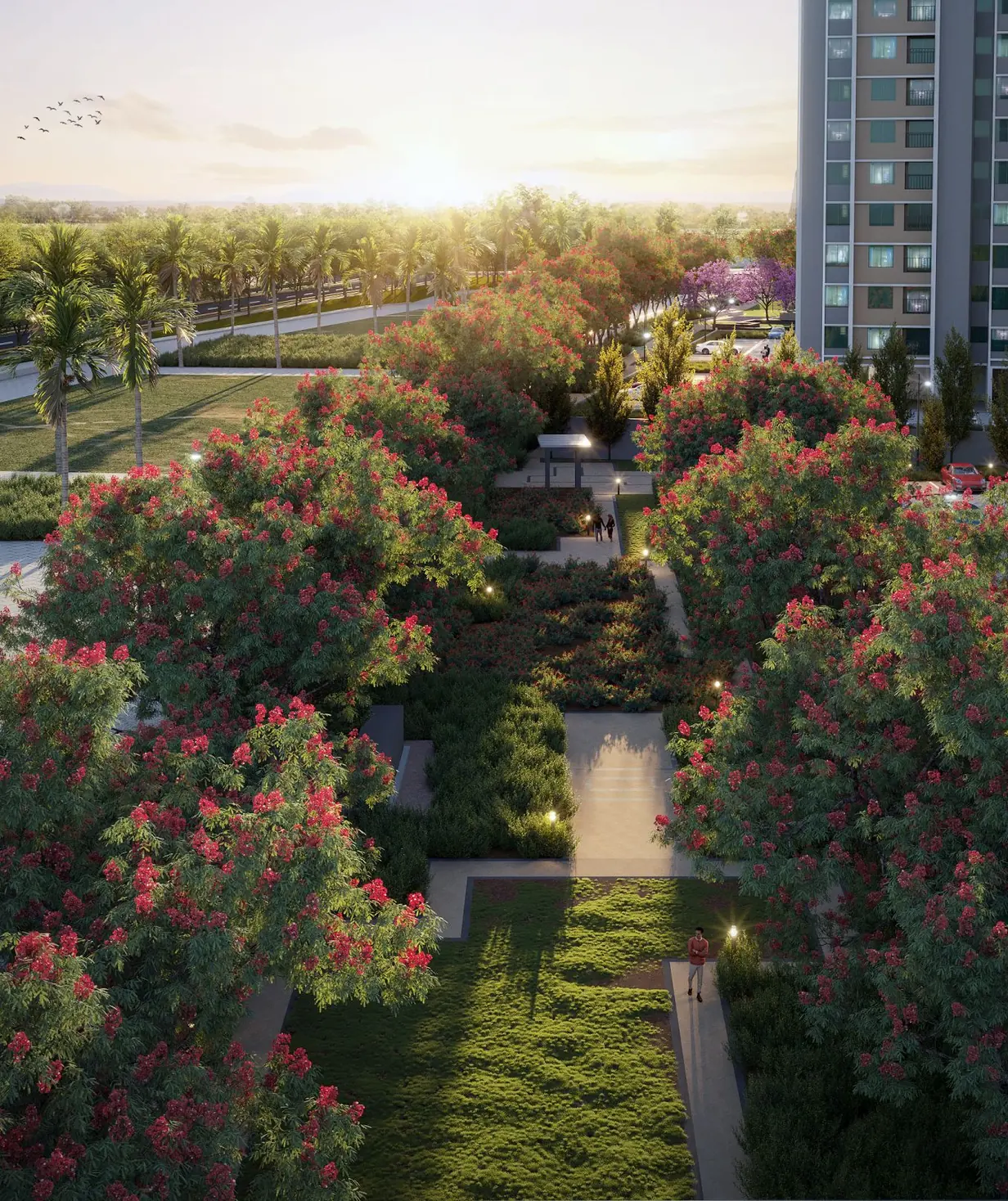 Flowering gardens beside a tower at Embassy Verde, shown for representation