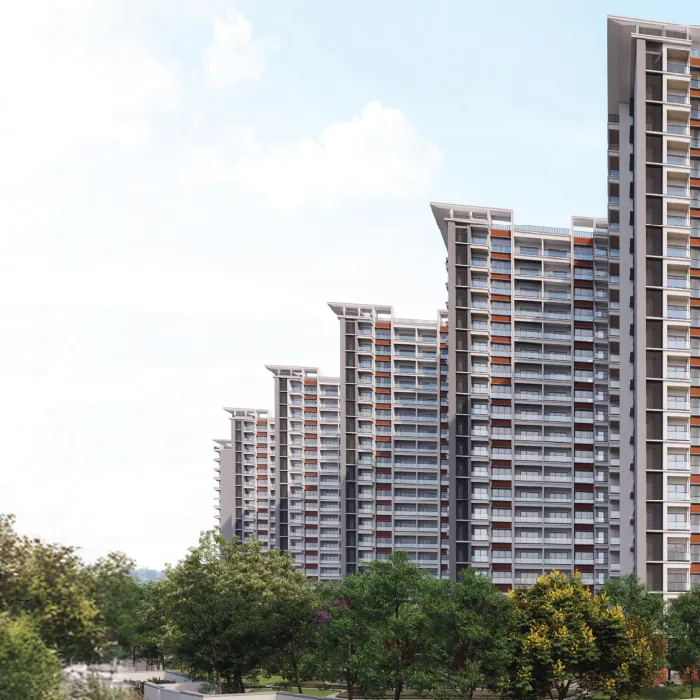 Embassy Greenshore, Embassy Springs The towers of Embassy Greenshore above a tree-lined road