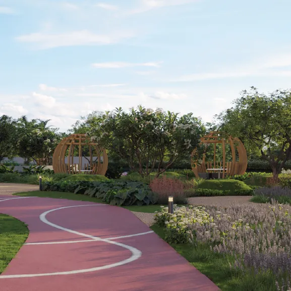 Embassy Greenshore, Embassy Springs A walking track past timber garden pavilions at Embassy Greenshore